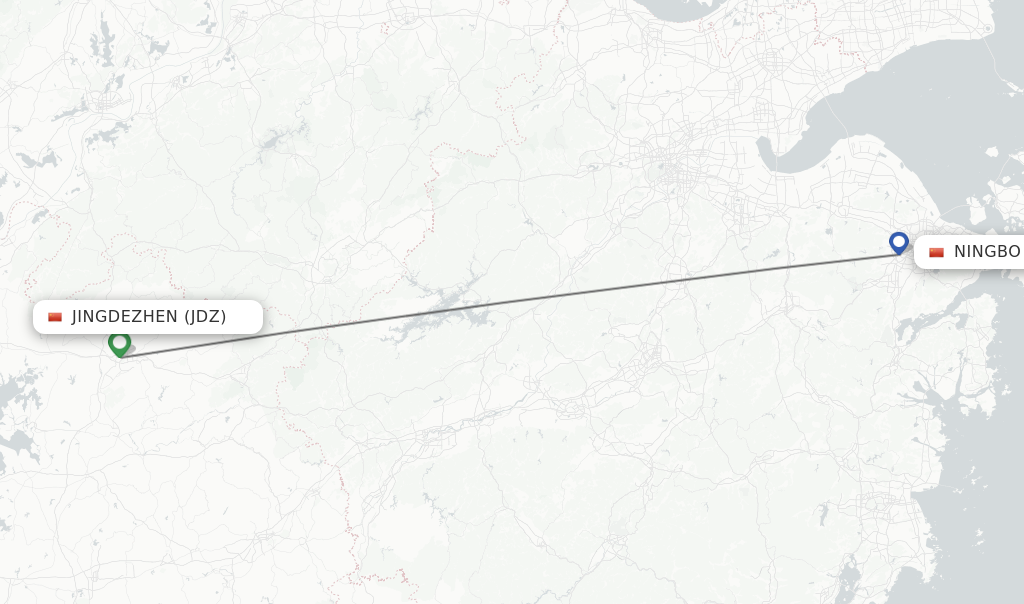 Flights from Jingdezhen to Ningbo route map