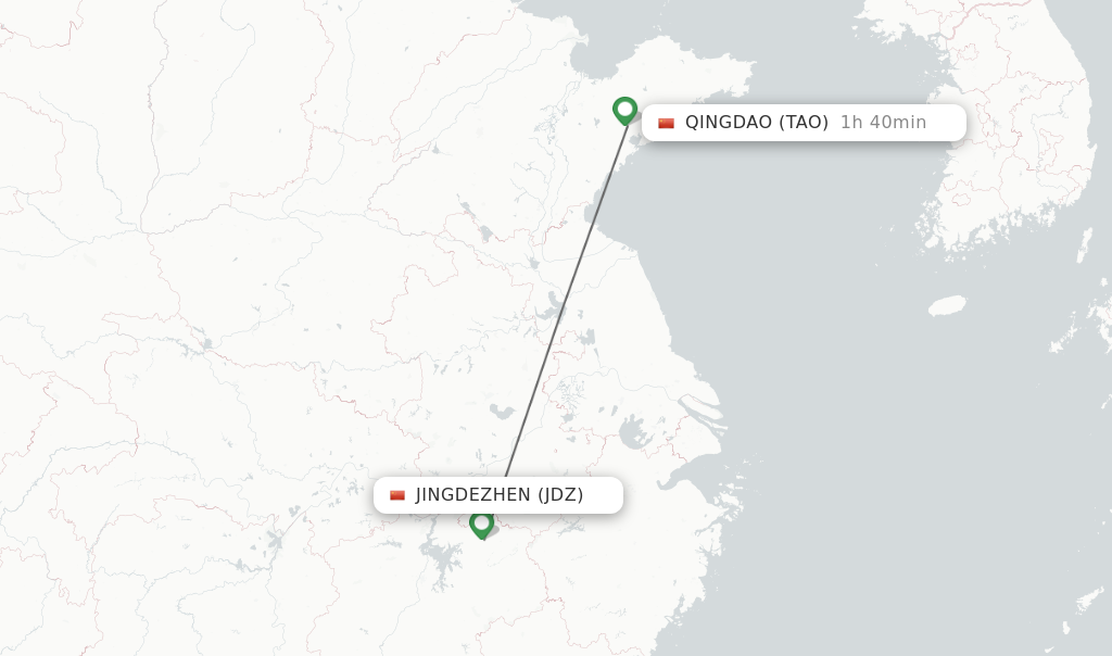 Flights from Jingdezhen to Qingdao route map