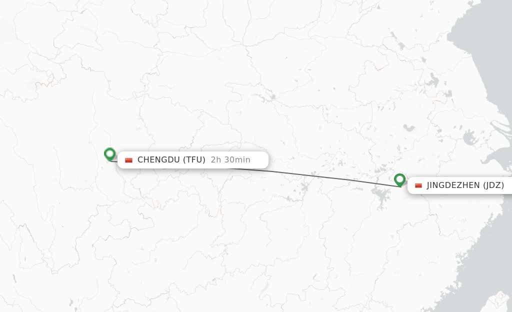 Flights from Jingdezhen to Chengdu route map