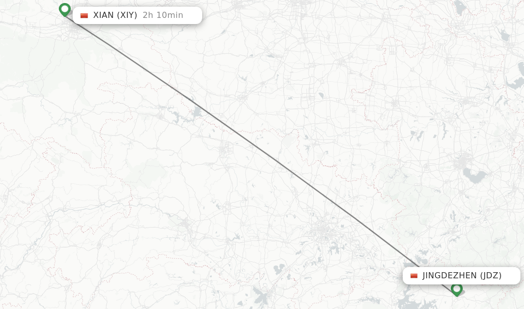 Flights from Jingdezhen to Xian route map