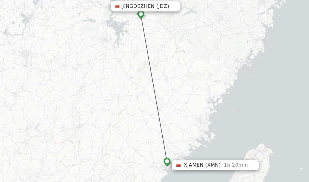 Flights from Jingdezhen to Xiamen route map