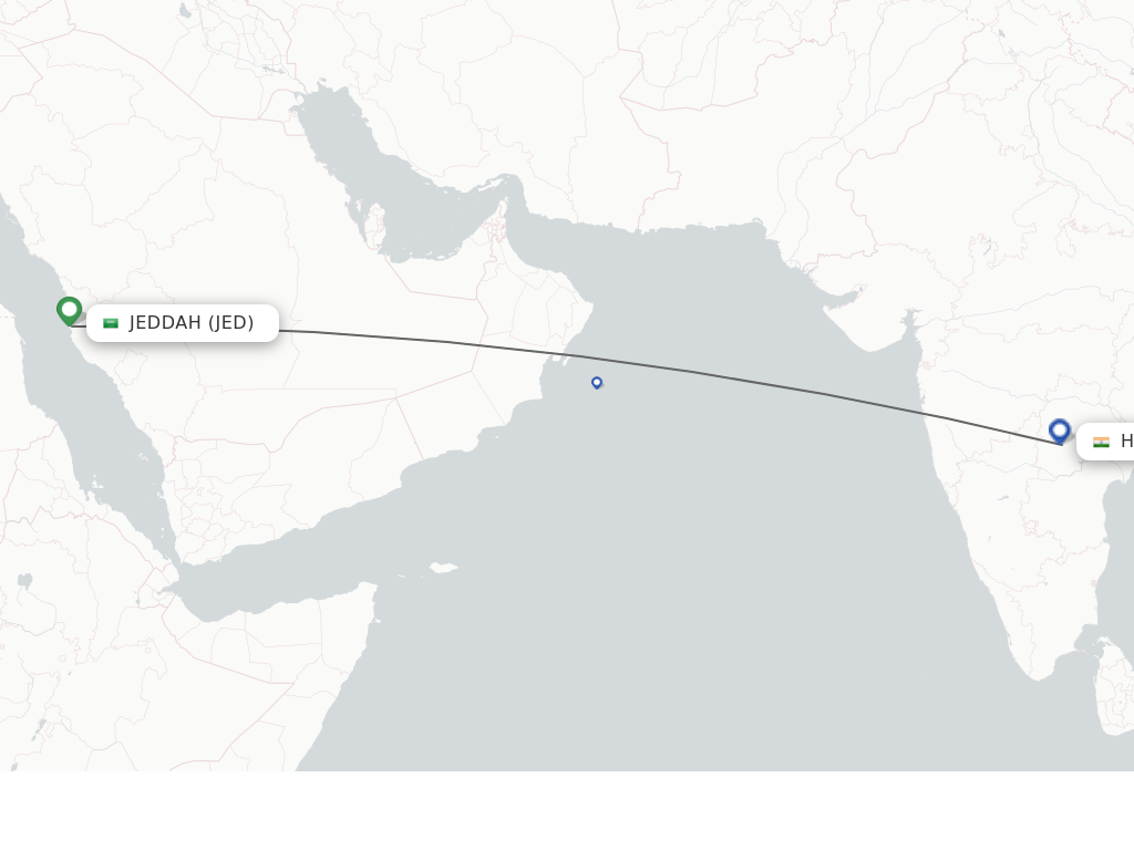 Flights from Jeddah to Hyderabad route map