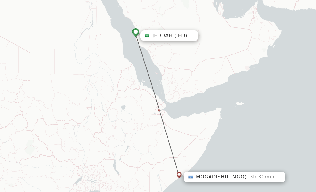 Flights from Jeddah to Mogadishu route map