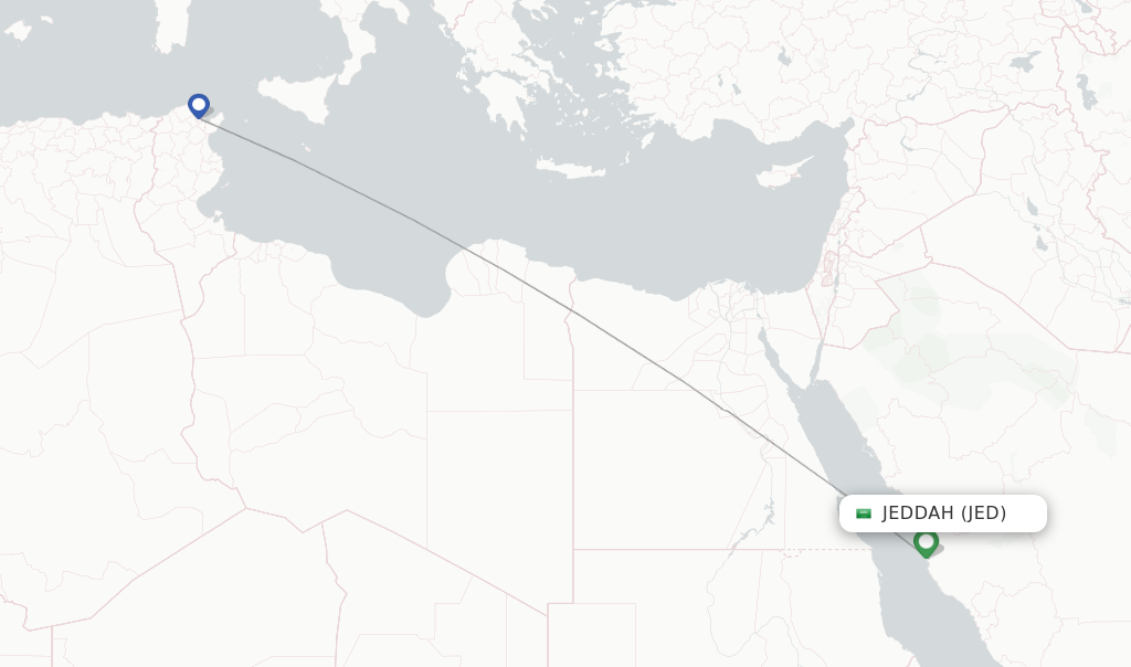 Route map with flights from Jeddah with Tunisair