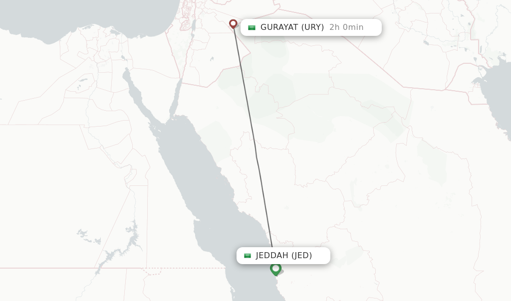 Flights from Jeddah to Gurayat route map