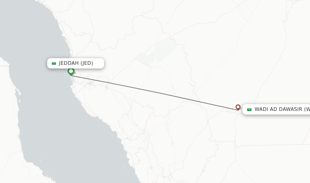 Flights from Jeddah to Wadi Ad Dawasir route map