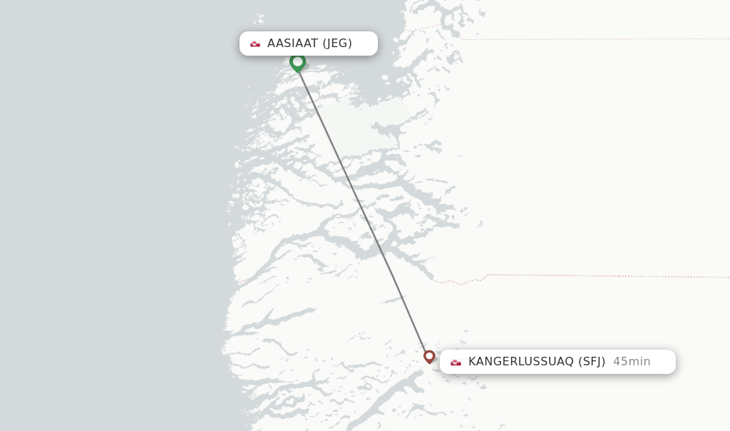 Flights from Aasiaat to Kangerlussuaq route map