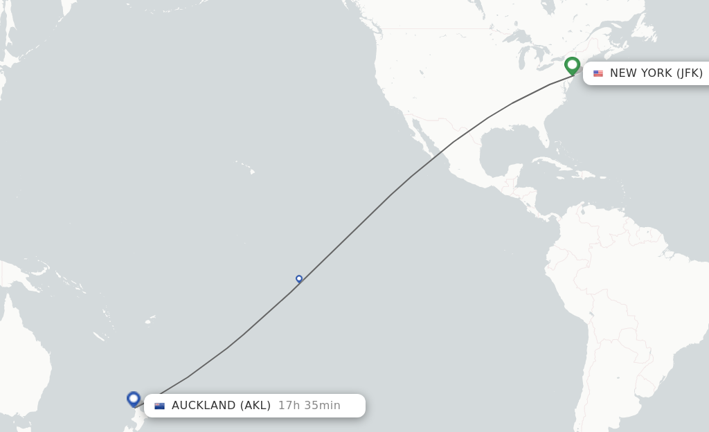 Flights from New York to Auckland route map