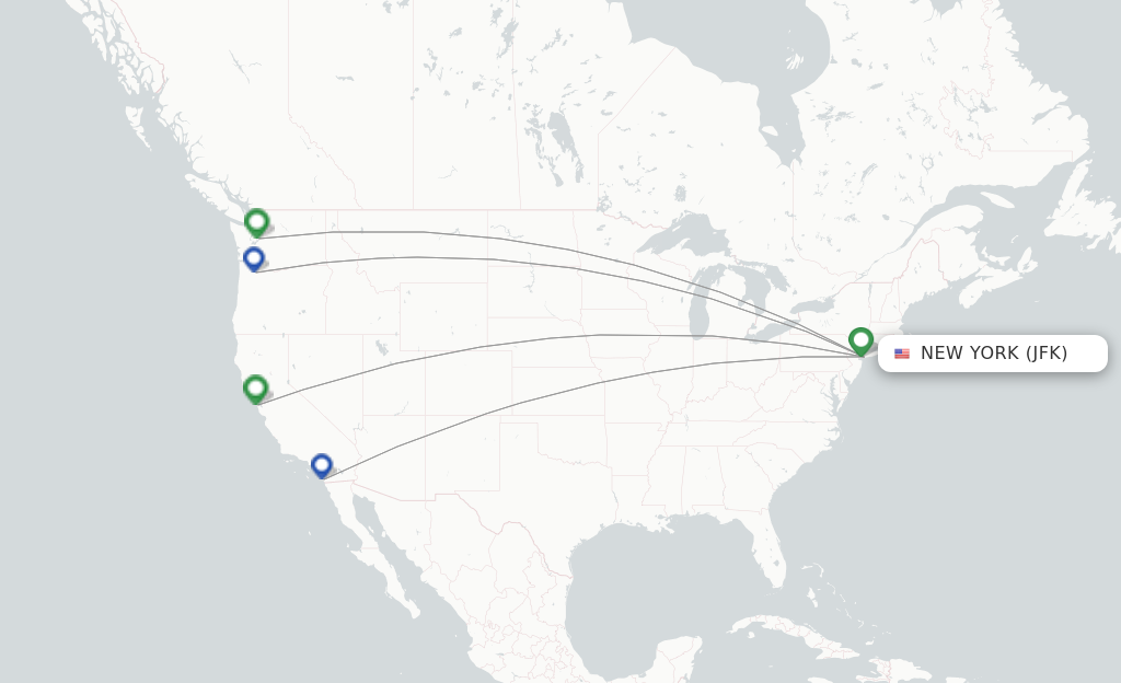 Route map with flights from New York with Alaska Airlines