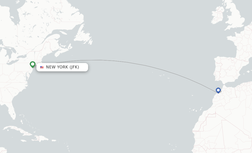 Route map with flights from New York with Royal Air Maroc