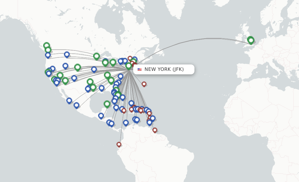 Route map with flights from New York with JetBlue