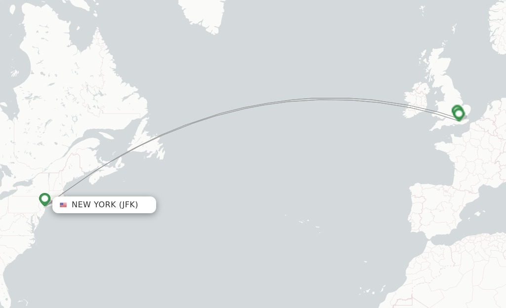 Route map with flights from New York with British Airways