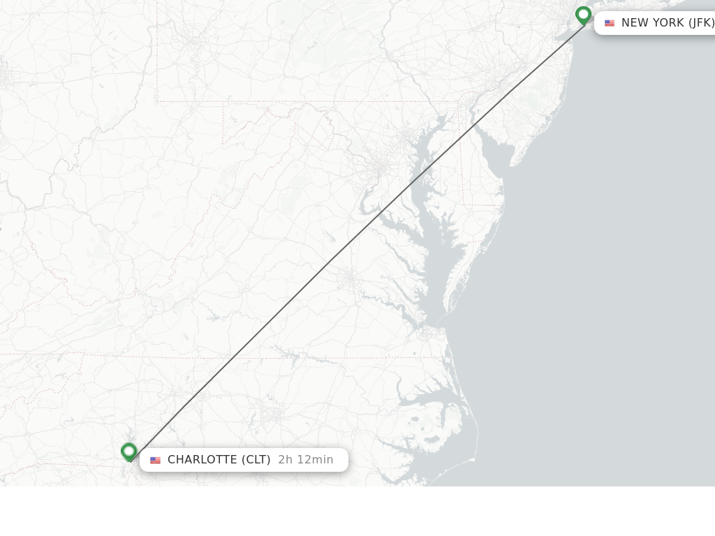 Flights from New York to Charlotte route map
