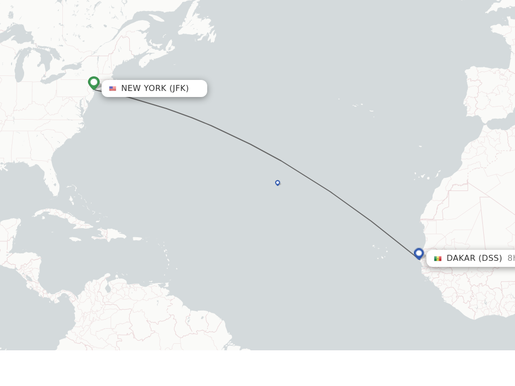 Flights from New York to Dakar route map
