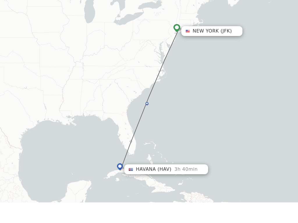 Flights from New York to Havana route map