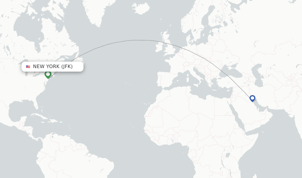 Route map with flights from New York with Kuwait Airways