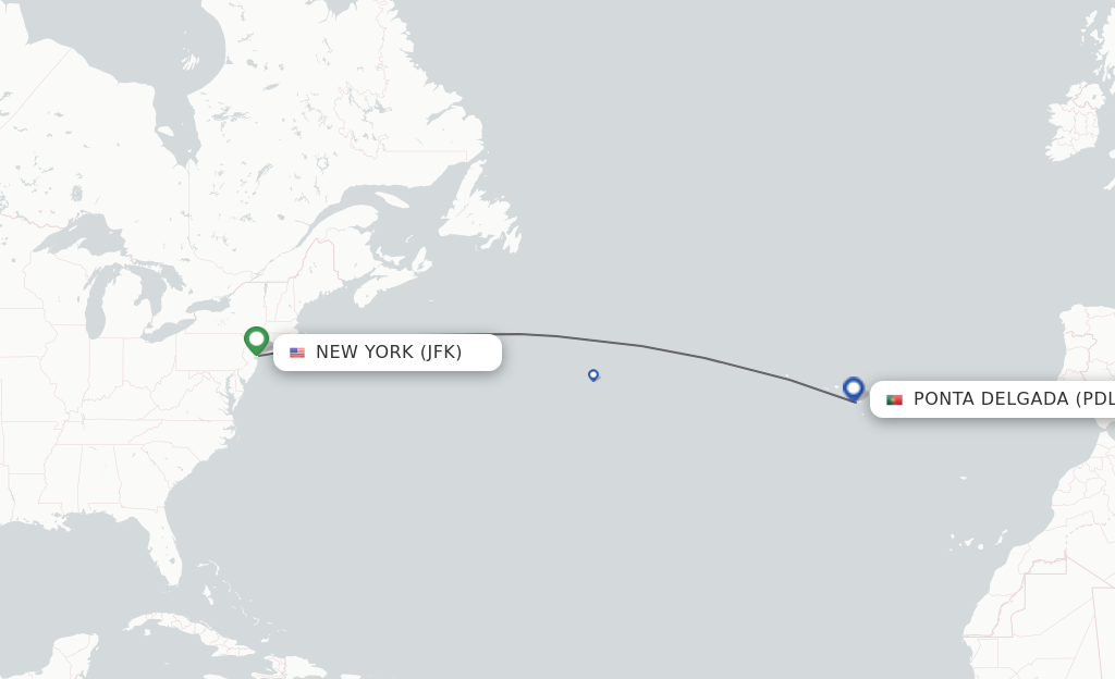 Flights from New York to Ponta Delgada (Azores) route map