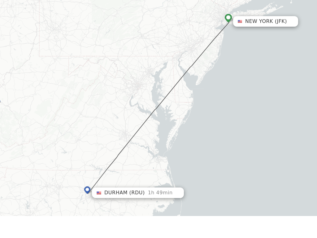 Flights from New York to Durham route map