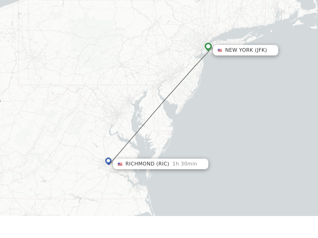 Flights from New York to Richmond route map