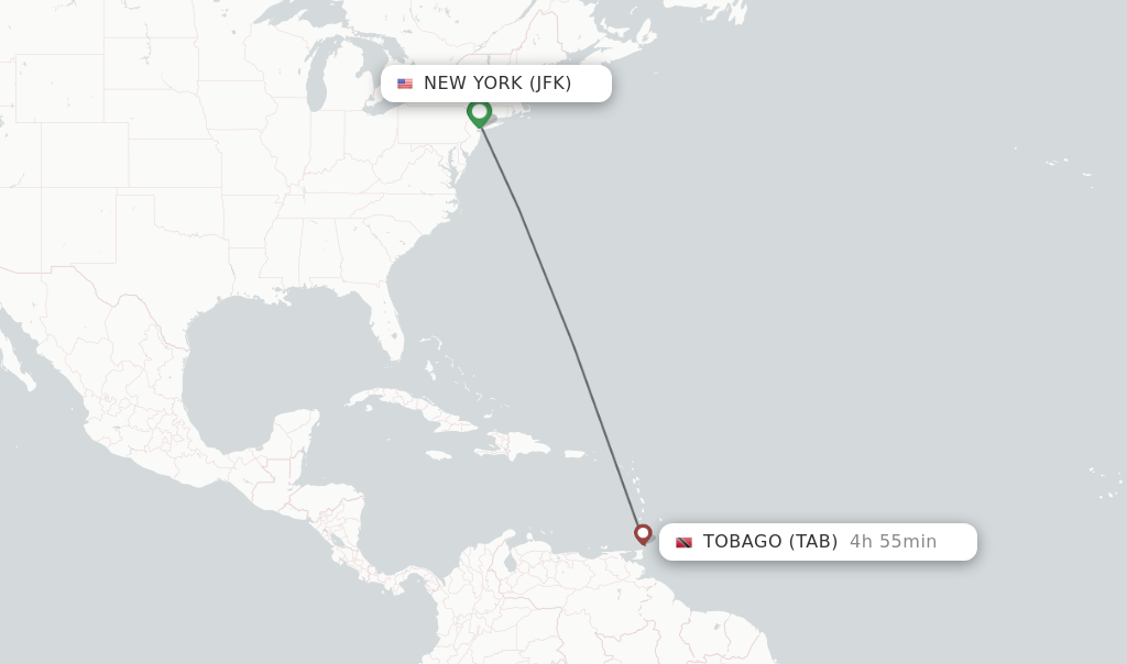 Flights from New York to Tobago route map