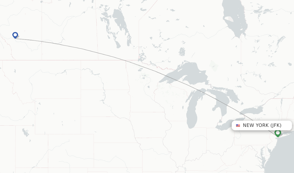 Route map with flights from New York with WestJet