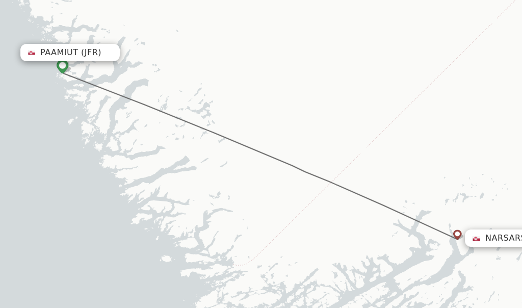 Flights from Paamiut to Narsarsuaq route map