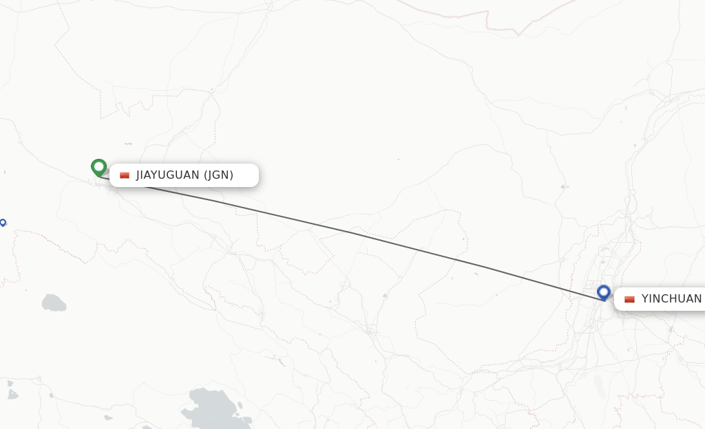 Flights from Jiayuguan to Yinchuan route map