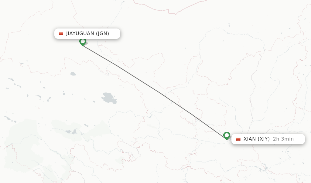 Flights from Jiayuguan to Xian route map