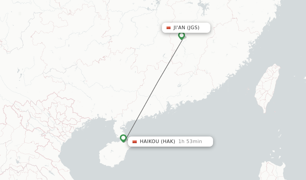 Flights from Ji'An to Haikou route map