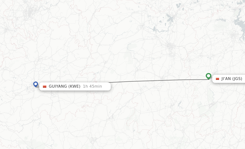 Flights from Ji'An to Guiyang route map