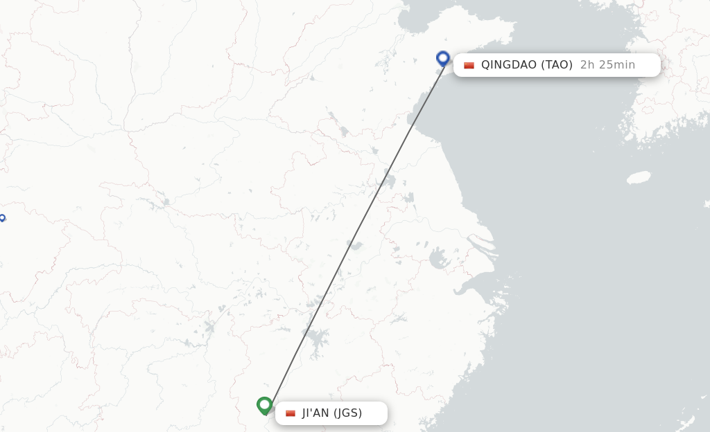 Flights from Ji'An to Qingdao route map
