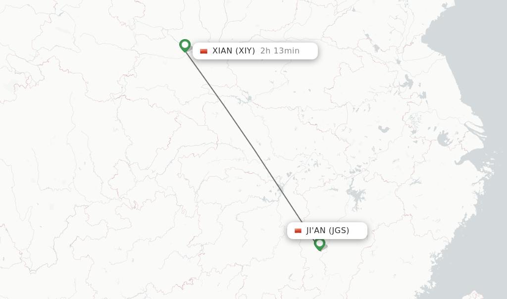 Flights from Ji'An to Xian route map