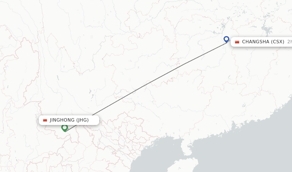 Flights from Jinghong to Changsha route map
