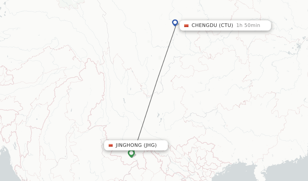Flights from Jinghong to Chengdu route map