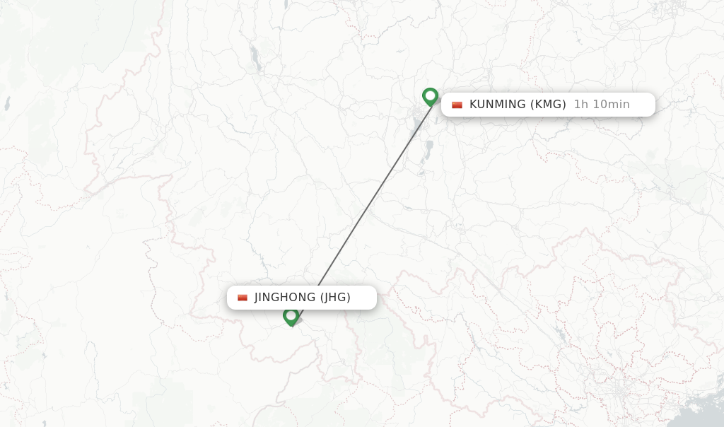 Flights from Jinghong to Kunming route map