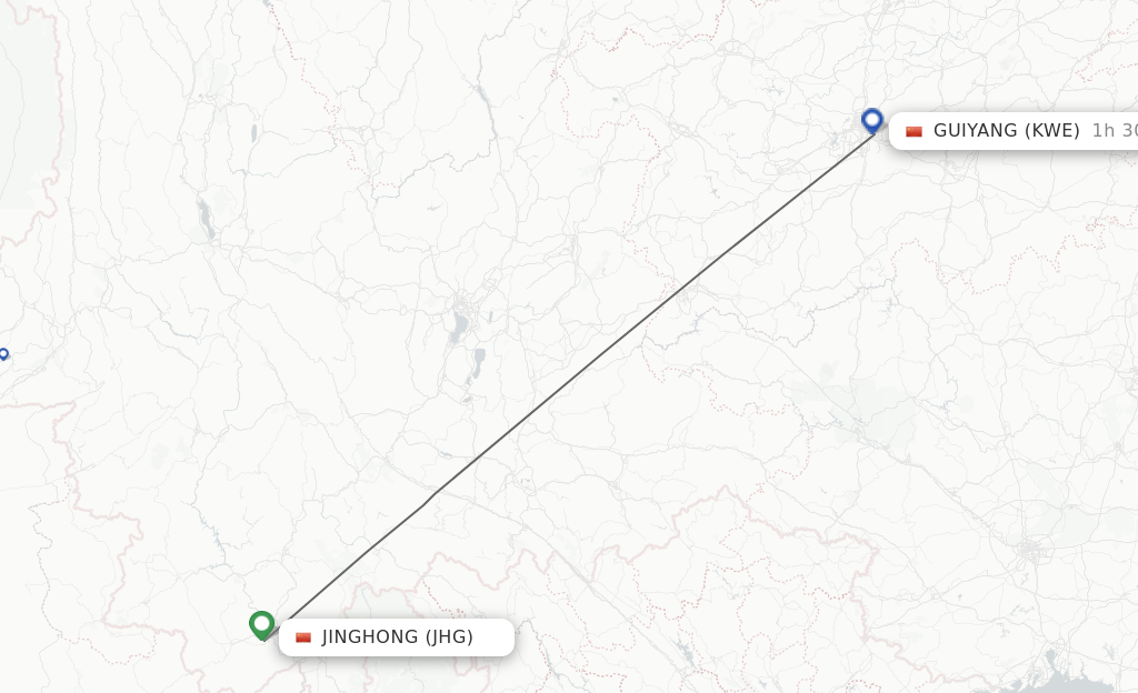 Flights from Jinghong to Guiyang route map