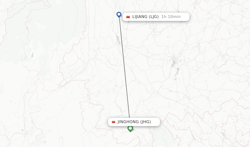 Flights from Jinghong to Lijiang route map