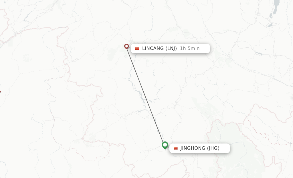 Flights from Jinghong to Lincang route map