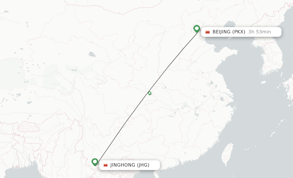 Flights from Jinghong to Beijing route map