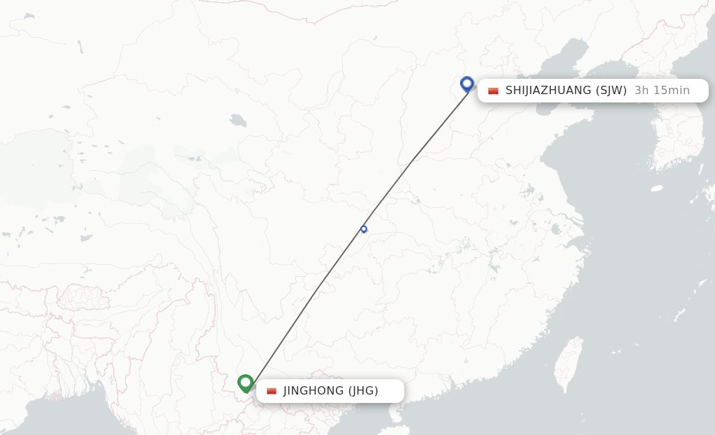 Flights from Jinghong to Shijiazhuang route map