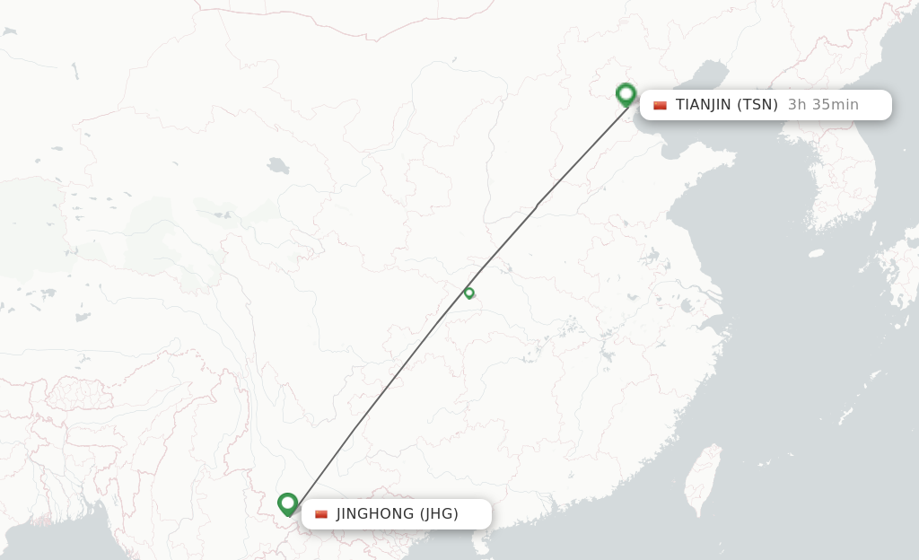 Flights from Jinghong to Tianjin route map