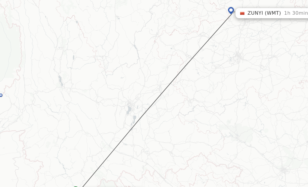 Flights from Jinghong to Zunyi route map