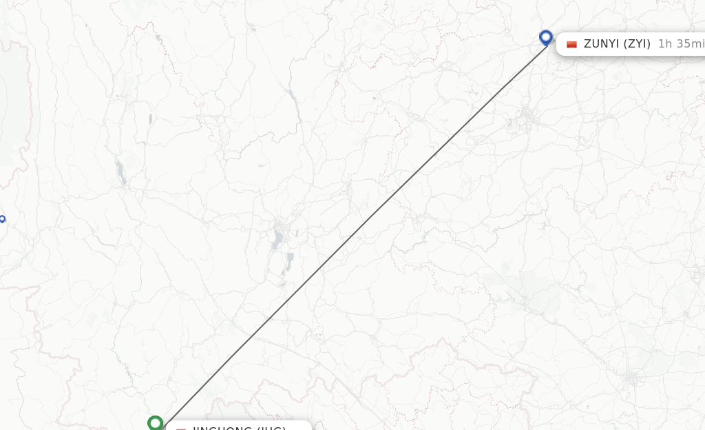 Flights from Jinghong to Zunyi route map