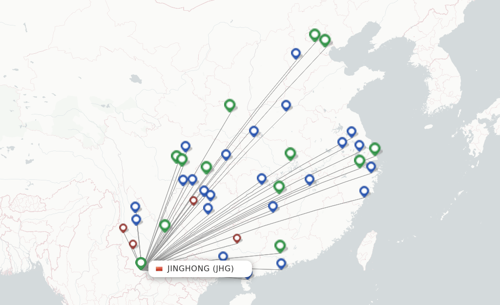 Flights from Jinghong to Shanghai route map