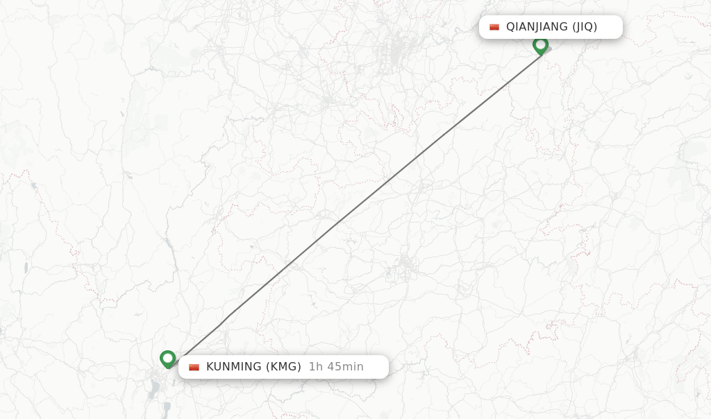 Flights from Qianjiang to Kunming route map