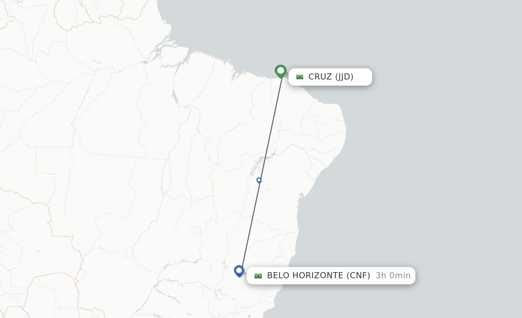 Flights from Cruz to Belo Horizonte route map