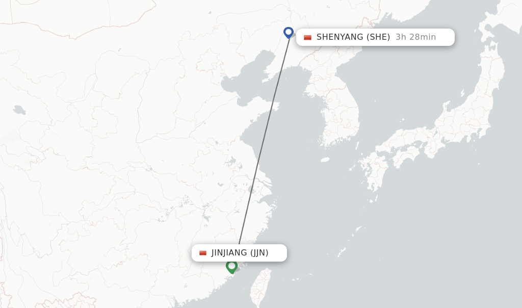 Flights from Jinjiang to Shenyang route map
