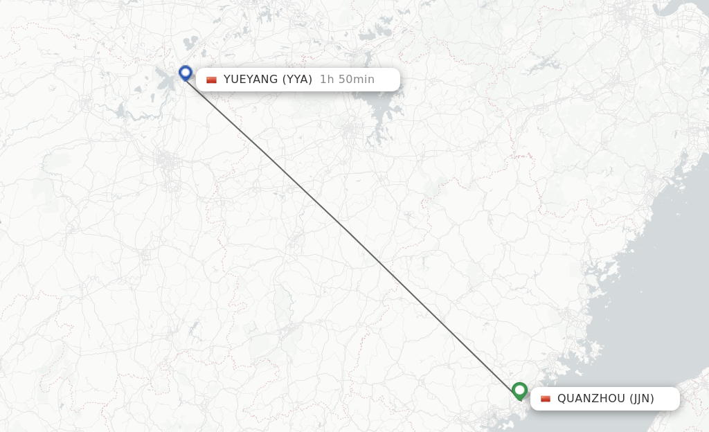 Flights from Jinjiang to Yueyang route map