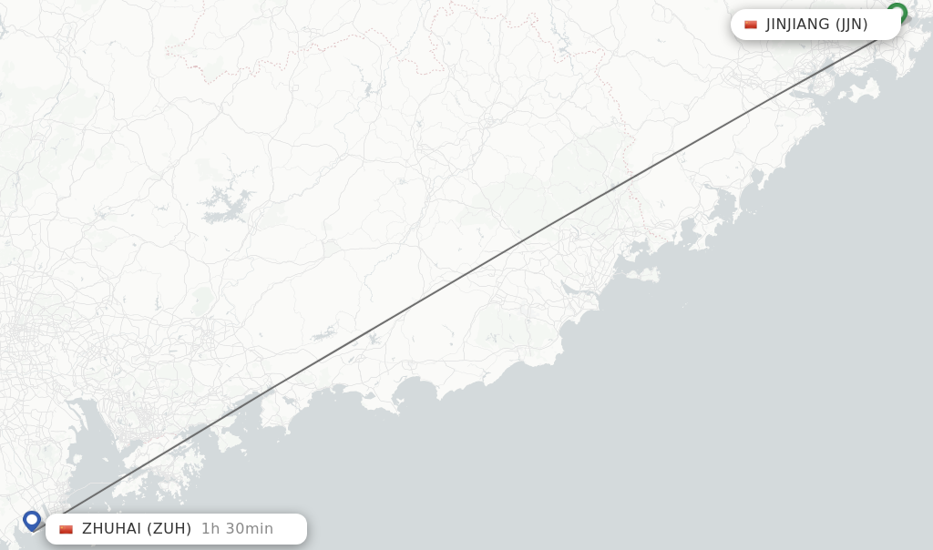 Flights from Jinjiang to Zhuhai route map