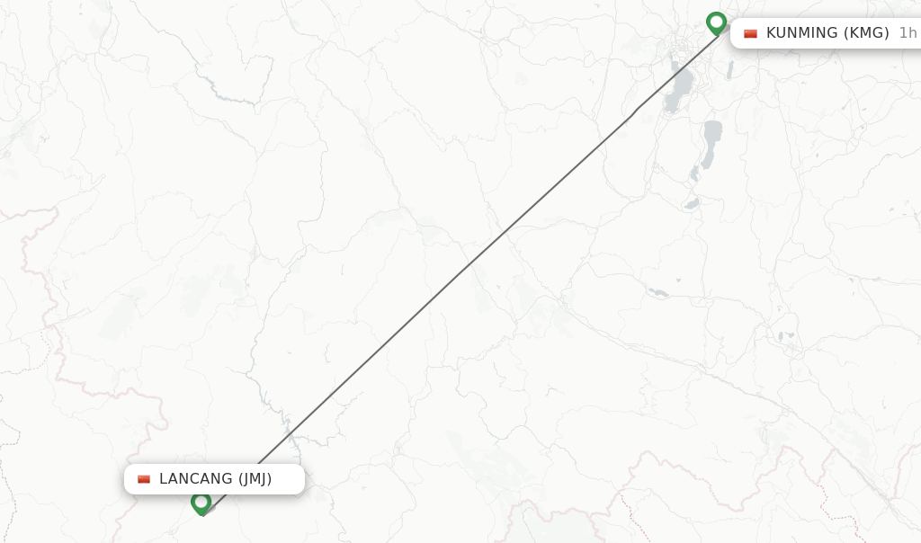 Flights from Lancang to Kunming route map